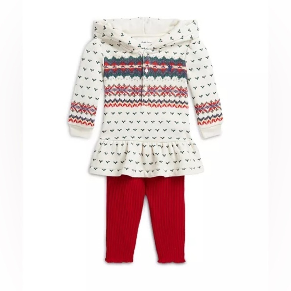 [6M] Ralph Lauren Girls' Fair Isle Henley Hoodie Ribbed Leggings Set Baby